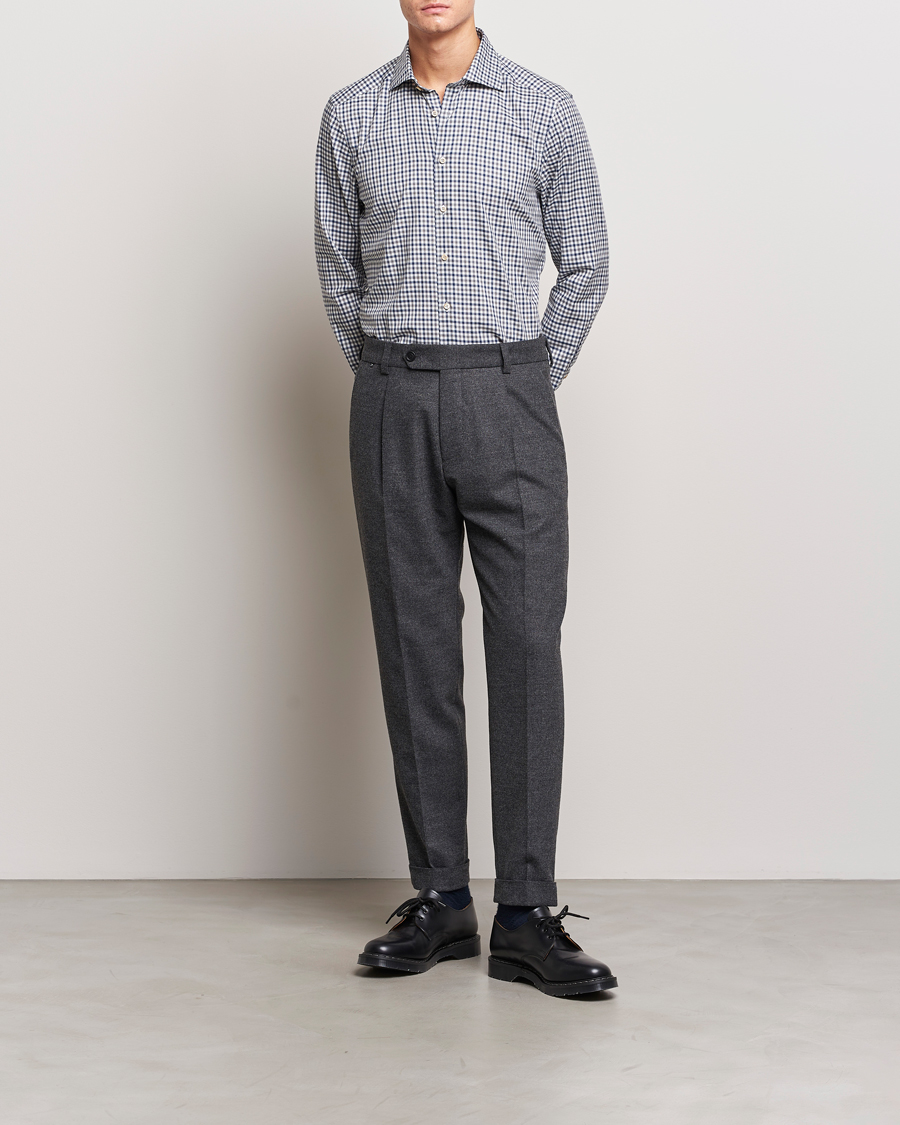 Hombres | Camisas | Stenströms | Slimline Small Checked Flannel Shirt Blue/Grey