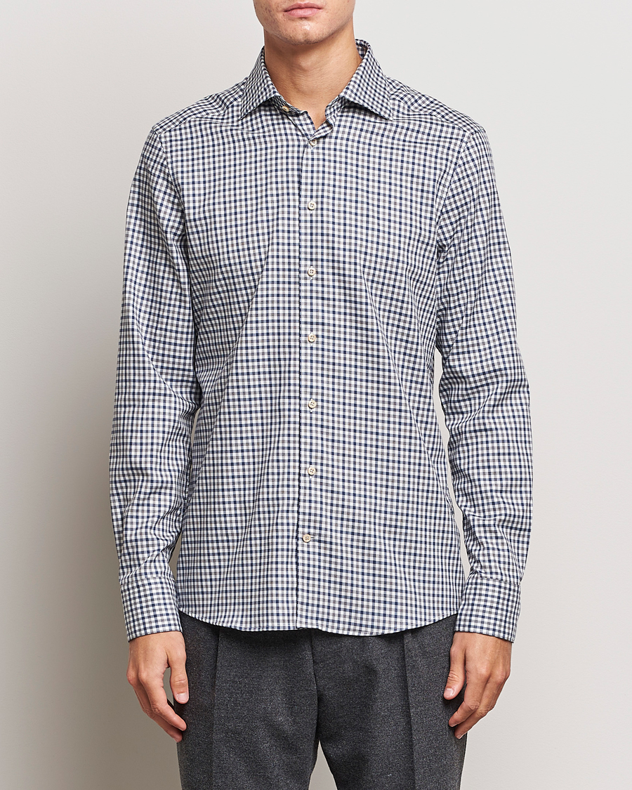 Hombres | Camisas | Stenströms | Slimline Small Checked Flannel Shirt Blue/Grey