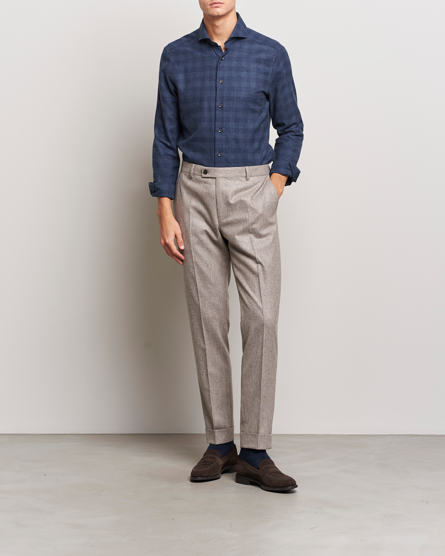 Hombres | Camisas | Stenströms | Slimline Checked Cut Away Flannel Shirt Navy