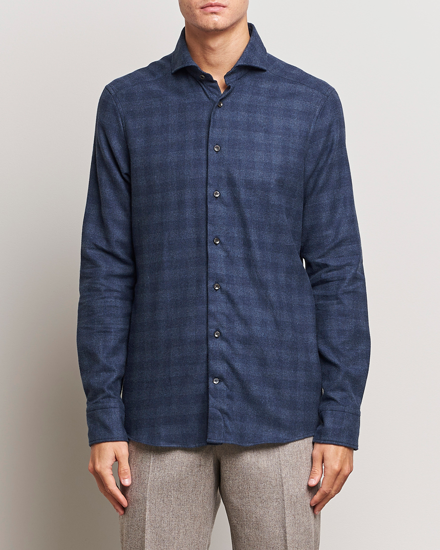 Hombres | Camisas | Stenströms | Slimline Checked Cut Away Flannel Shirt Navy