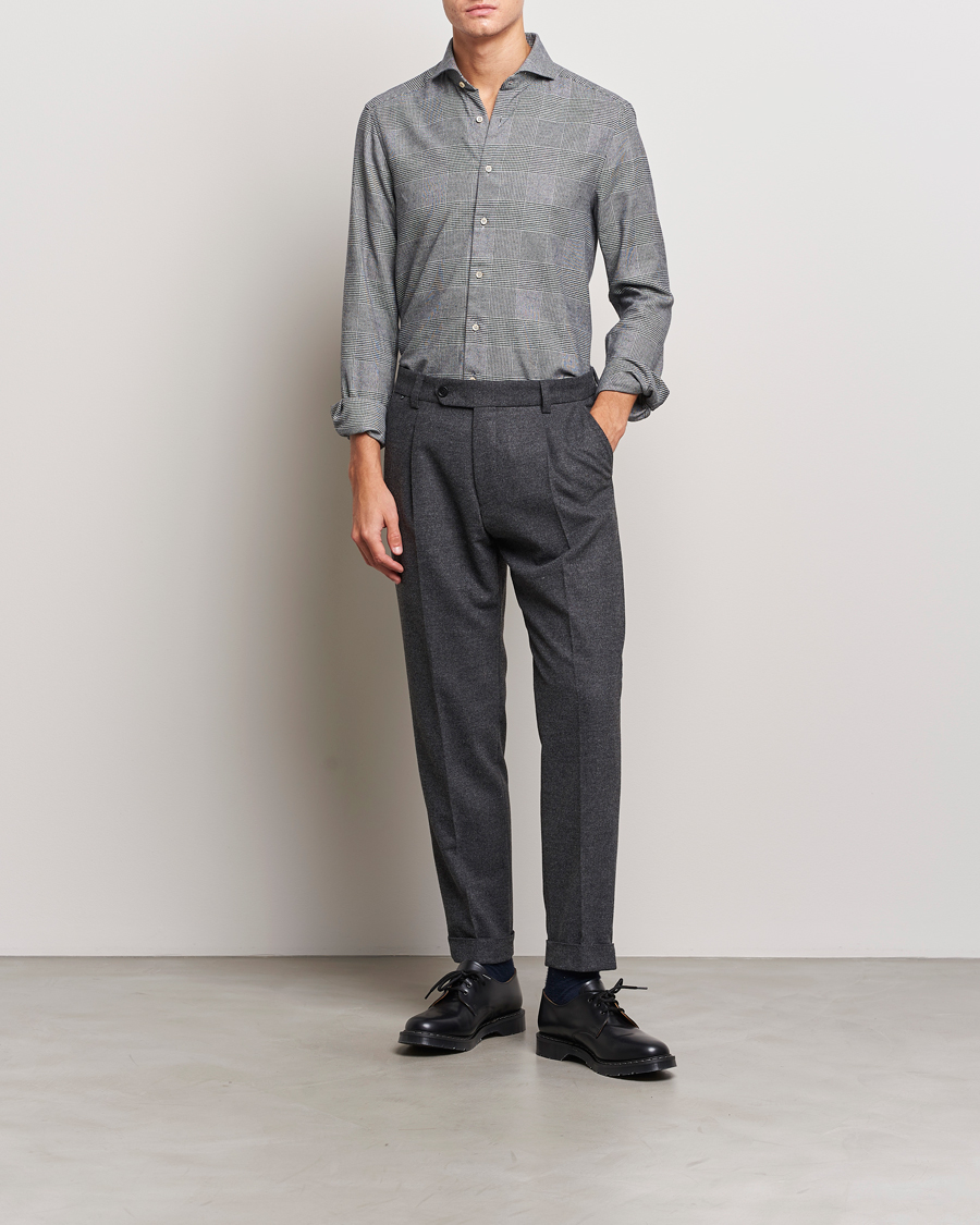 Hombres | Camisas | Stenströms | Slimline Prince of Wales Check Flannel Shirt Grey