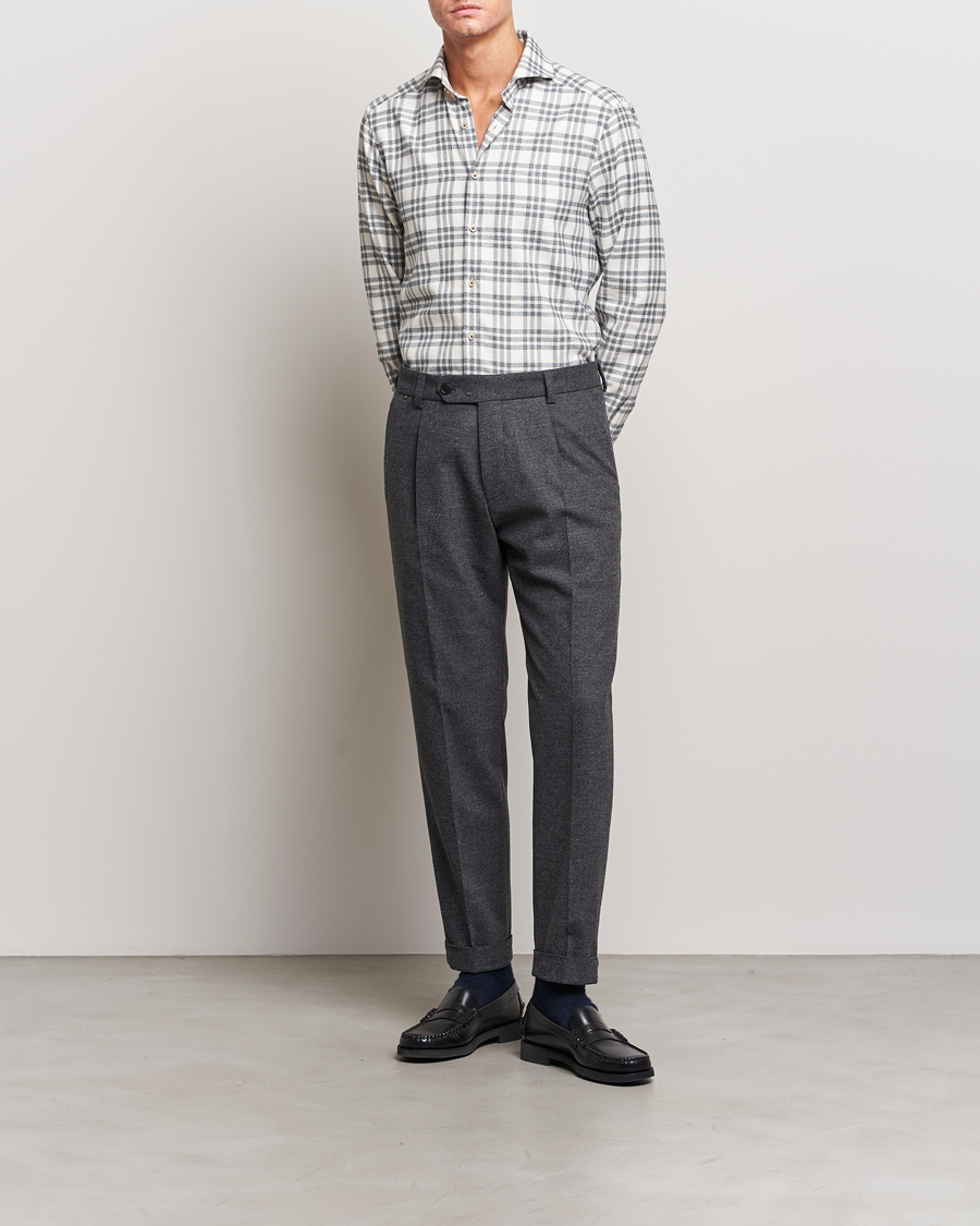 Hombres | Camisas | Stenströms | Slimline Checked Cut Away Flannel Shirt White/Black