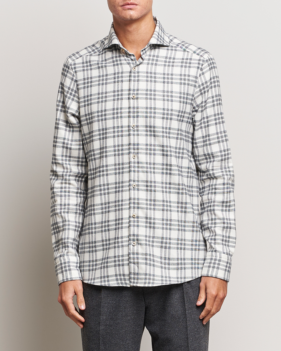 Hombres | Camisas | Stenströms | Slimline Checked Cut Away Flannel Shirt White/Black