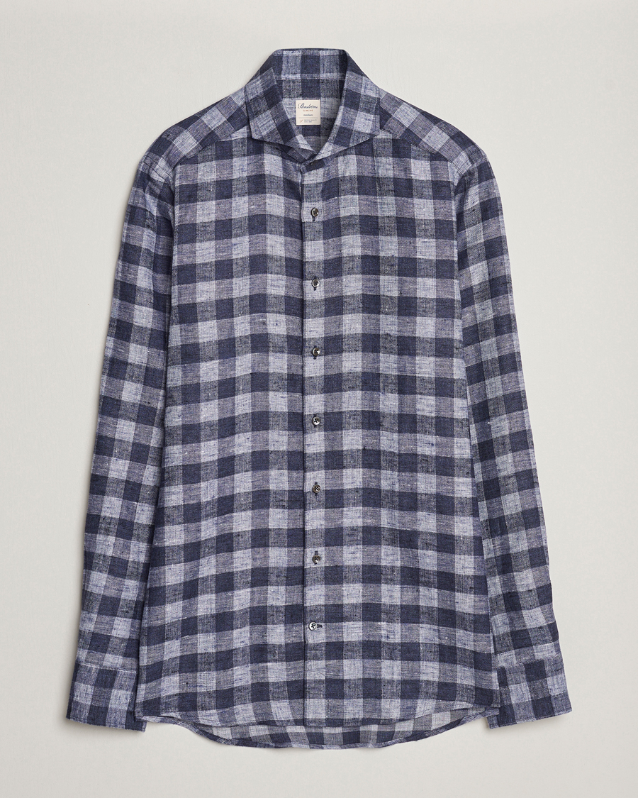 Hombres | Camisas | Stenströms | Slimline Checked Linen Flannel Shirt Blue