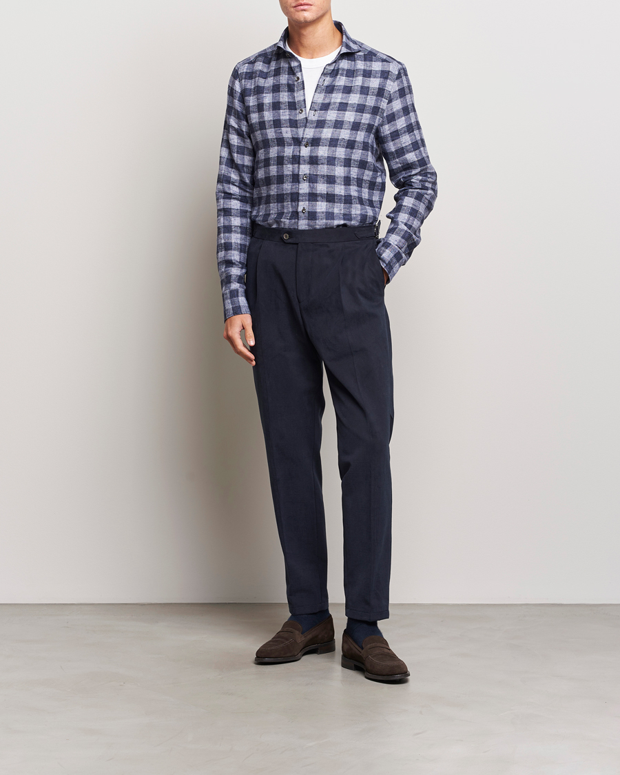 Hombres | Camisas | Stenströms | Slimline Checked Linen Flannel Shirt Blue