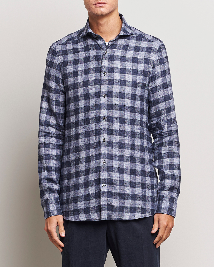 Hombres | Camisas | Stenströms | Slimline Checked Linen Flannel Shirt Blue