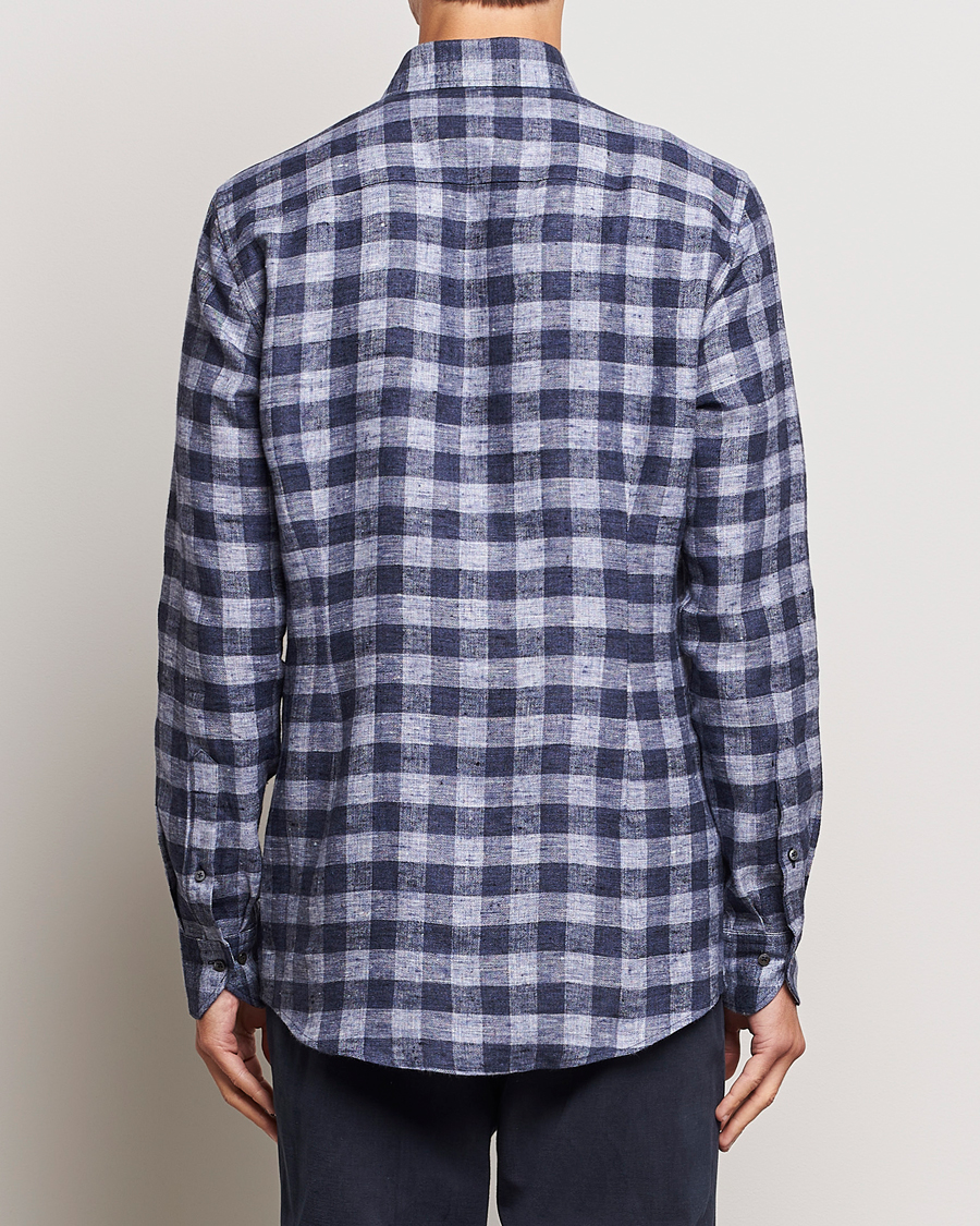 Hombres | Camisas | Stenströms | Slimline Checked Linen Flannel Shirt Blue