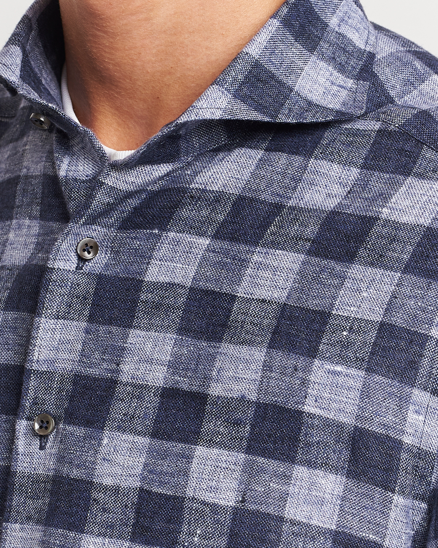 Hombres | Camisas | Stenströms | Slimline Checked Linen Flannel Shirt Blue