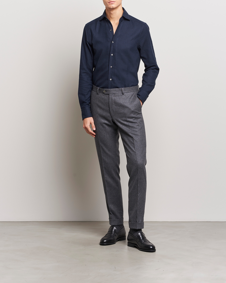 Hombres | Camisas | Stenströms | Slimline Micro Structure Flannel Shirt Navy