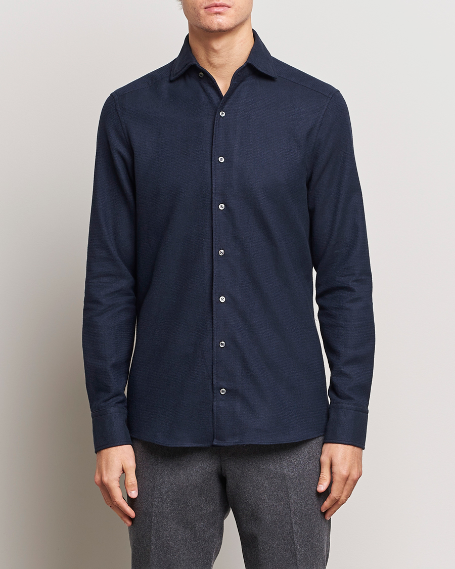 Hombres | Camisas | Stenströms | Slimline Micro Structure Flannel Shirt Navy
