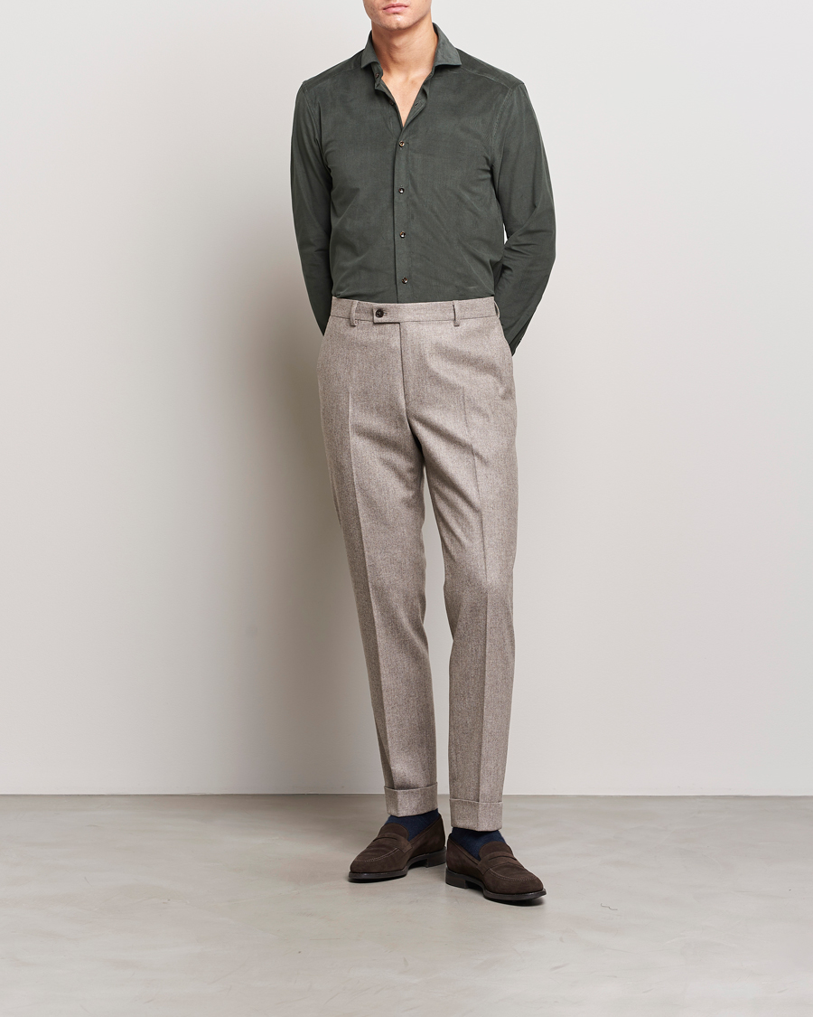 Hombres | Camisas | Stenströms | Slimline Cut Away Corduroy Shirt Dark Green