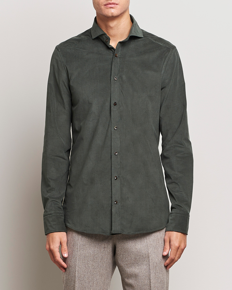 Hombres | Camisas | Stenströms | Slimline Cut Away Corduroy Shirt Dark Green