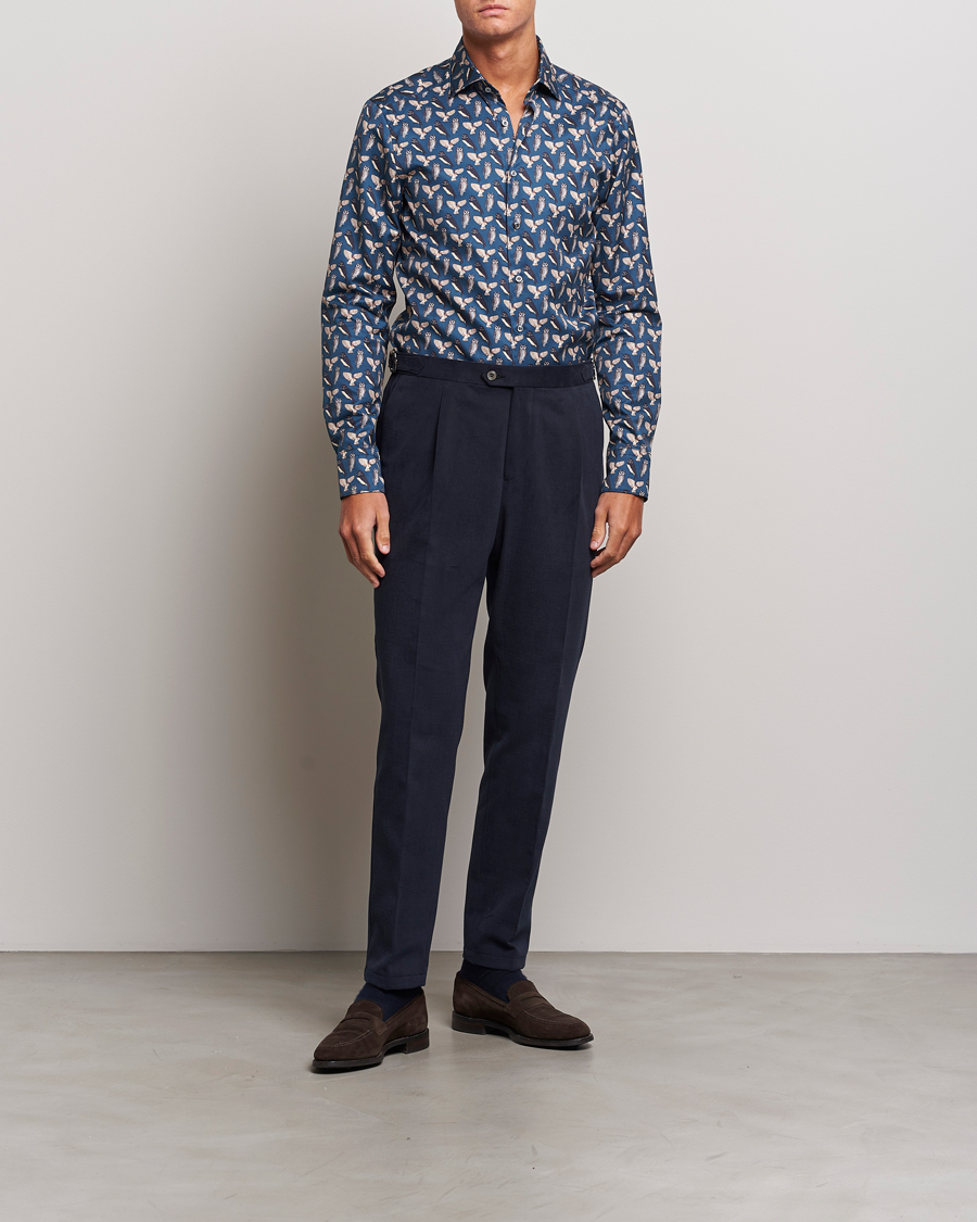 Hombres | Camisas | Stenströms | Slimline Owl Printed Cut Away Shirt Blue