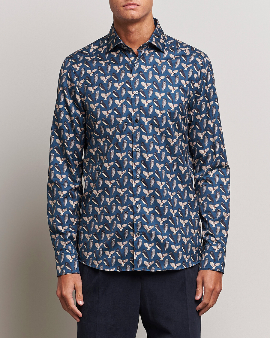 Hombres | Camisas | Stenströms | Slimline Owl Printed Cut Away Shirt Blue