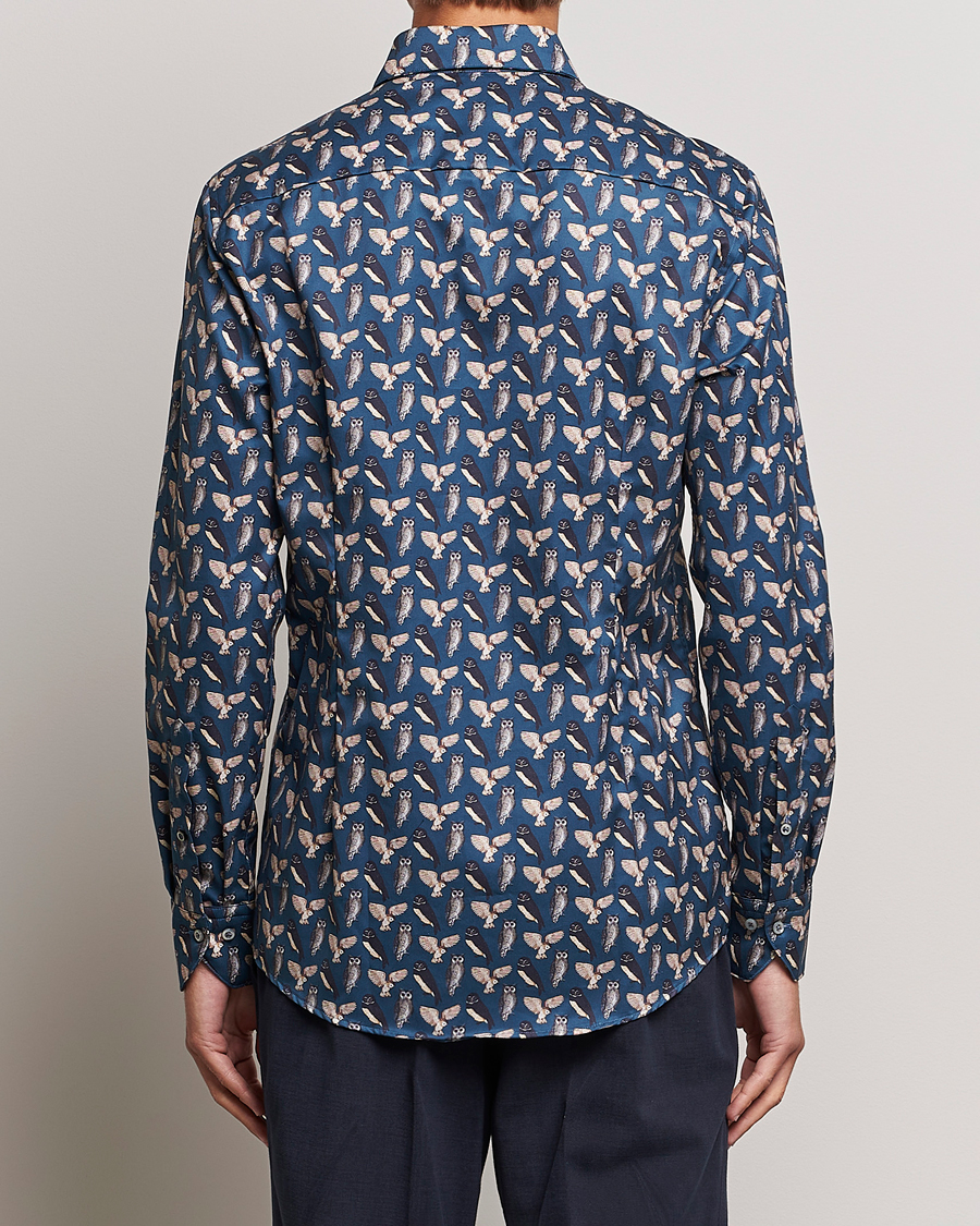 Hombres | Camisas | Stenströms | Slimline Owl Printed Cut Away Shirt Blue