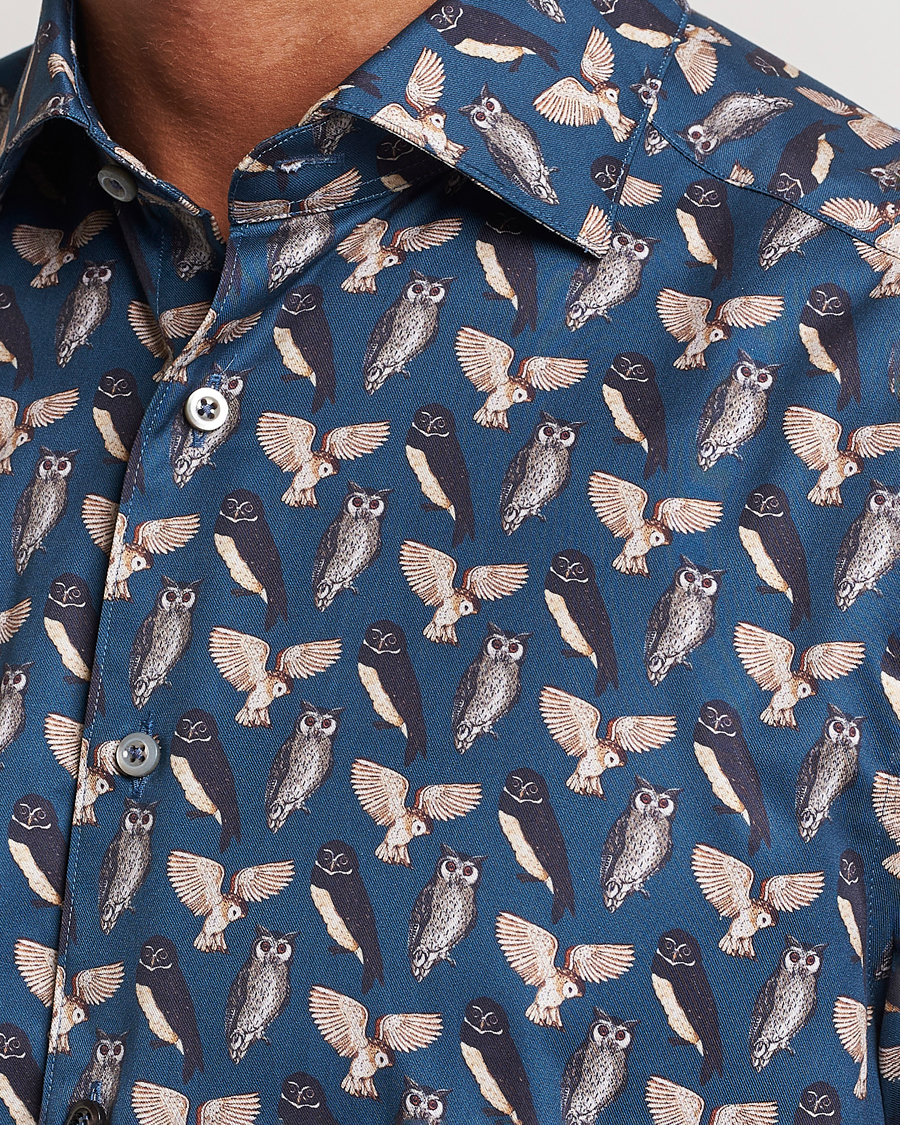 Hombres | Camisas | Stenströms | Slimline Owl Printed Cut Away Shirt Blue