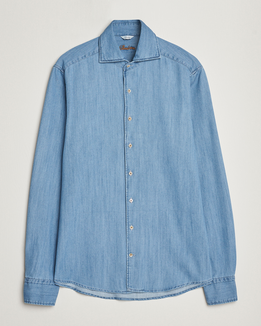 Hombres | Camisas | Stenströms | Slimline One Piece Collar Denim Shirt Light Blue