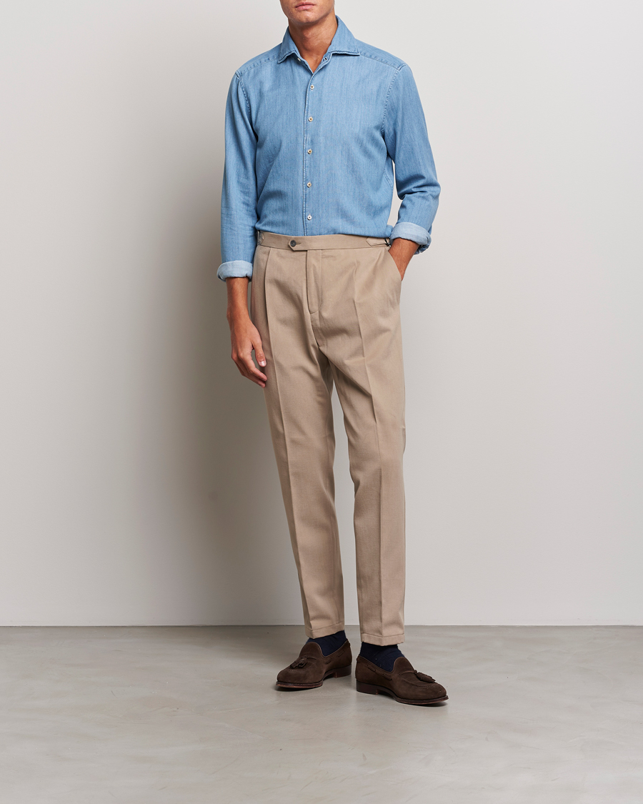 Hombres | Camisas | Stenströms | Slimline One Piece Collar Denim Shirt Light Blue