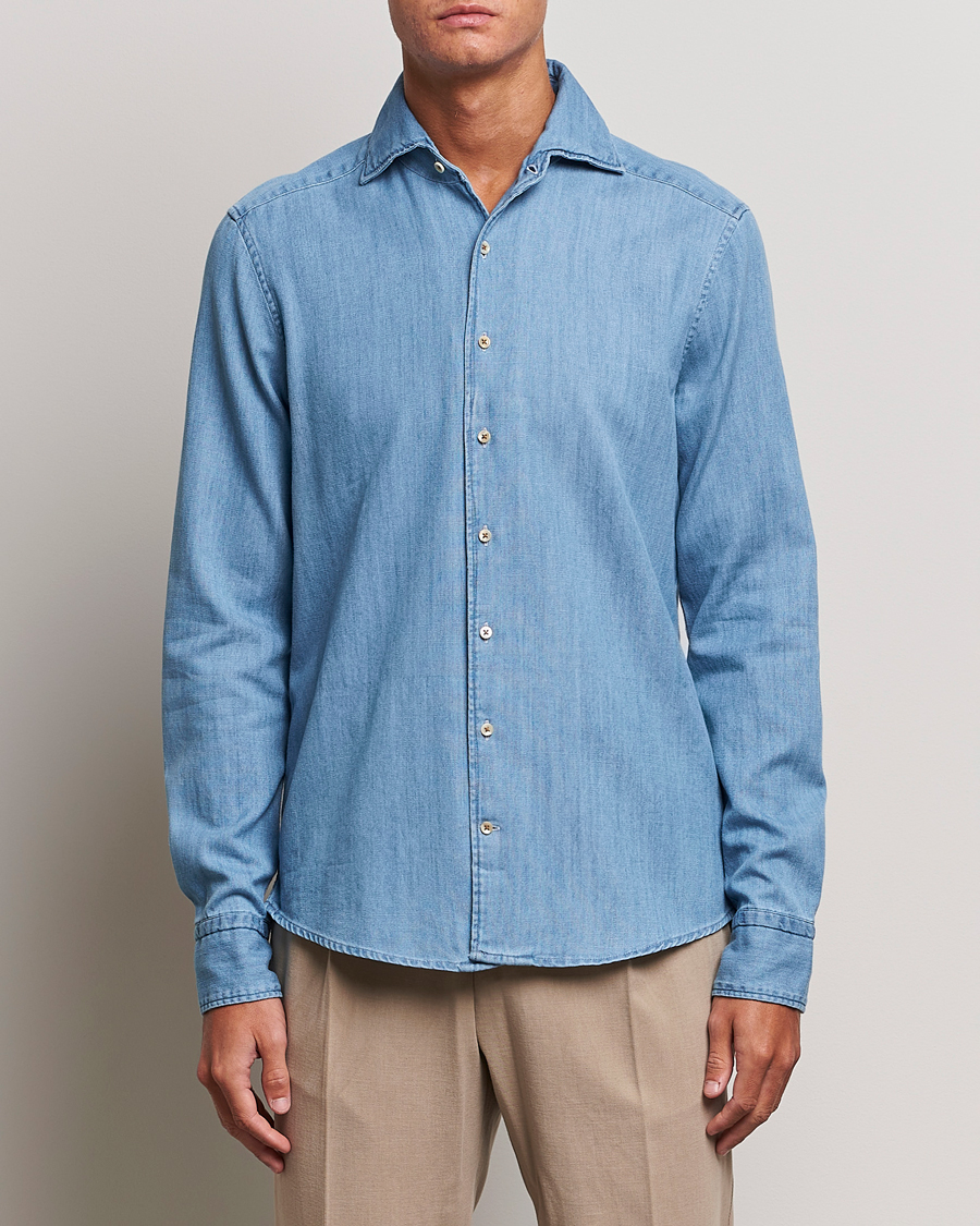 Hombres | Camisas | Stenströms | Slimline One Piece Collar Denim Shirt Light Blue