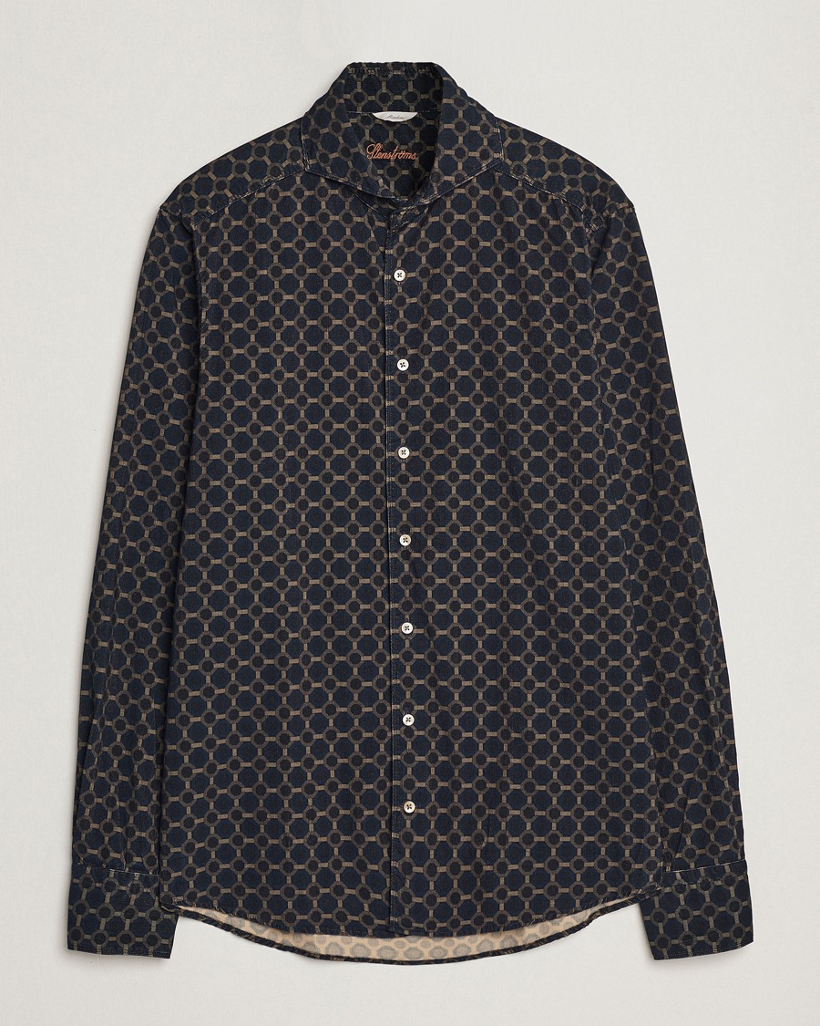 Hombres | Camisas | Stenströms | Slimline Babycord Printed Cut Away Shirt Navy