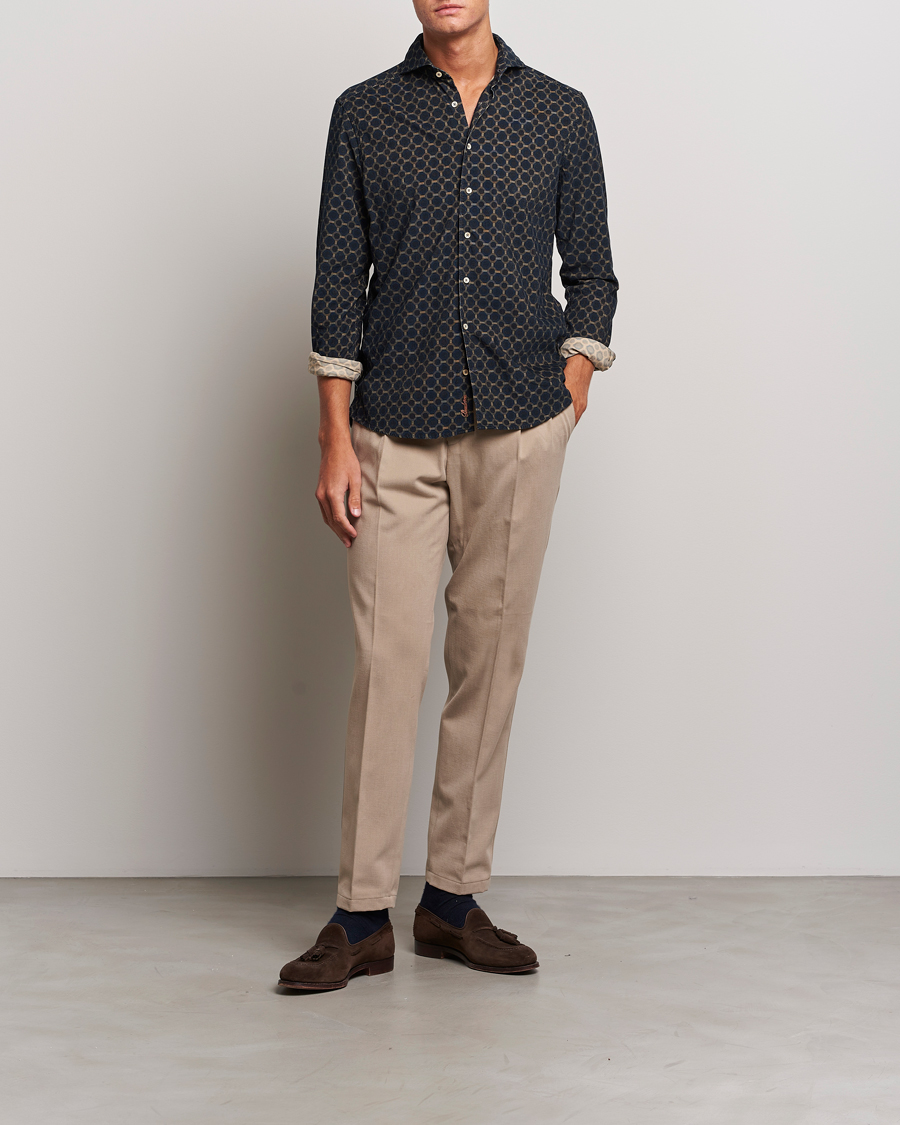 Hombres | Camisas | Stenströms | Slimline Babycord Printed Cut Away Shirt Navy