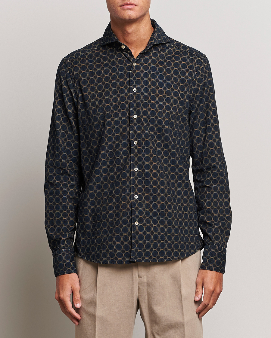 Hombres | Camisas | Stenströms | Slimline Babycord Printed Cut Away Shirt Navy