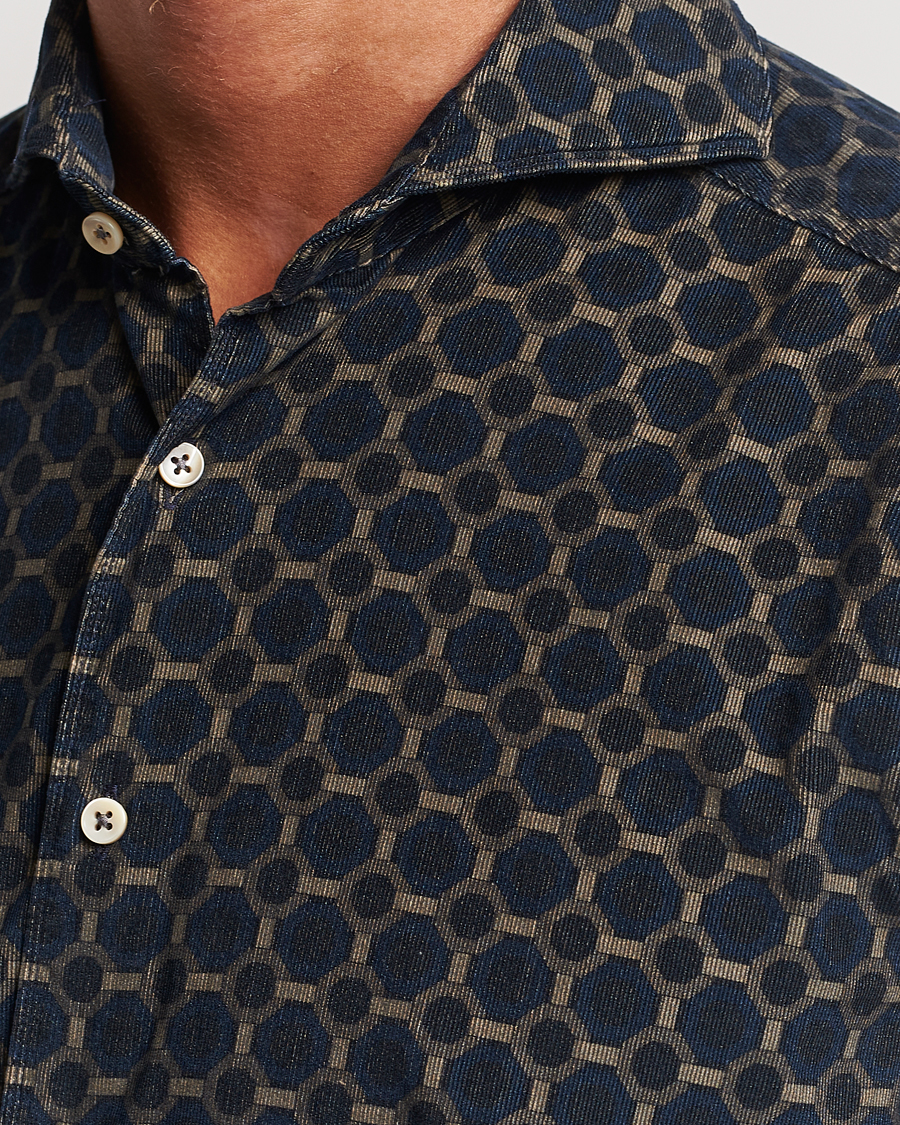 Hombres | Camisas | Stenströms | Slimline Babycord Printed Cut Away Shirt Navy