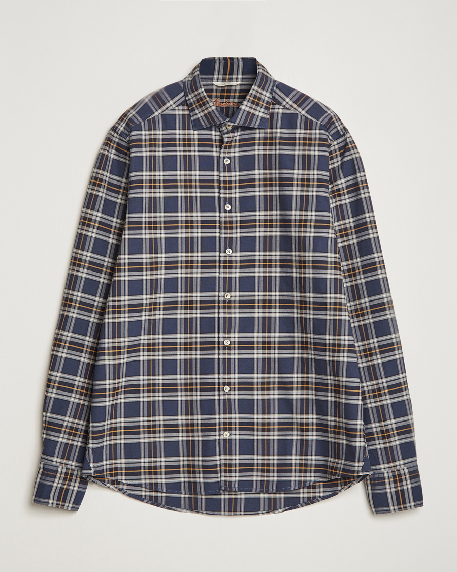 Hombres | Camisas | Stenströms | Slimline Checked Oxford Cut Away Shirt Blue