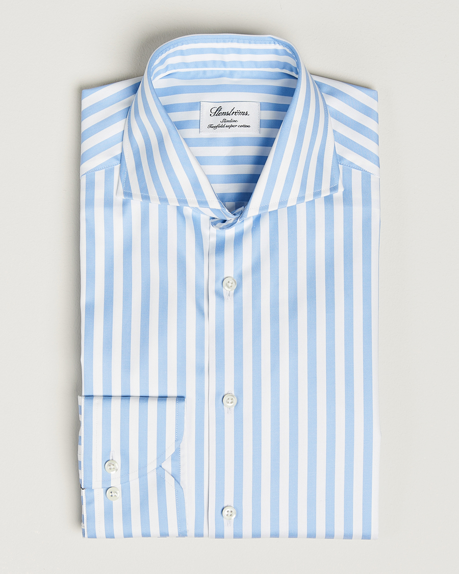 Hombres | Camisas | Stenströms | Slimline Bold Stripe 2-Fold Cut Away Shirt Light Blue