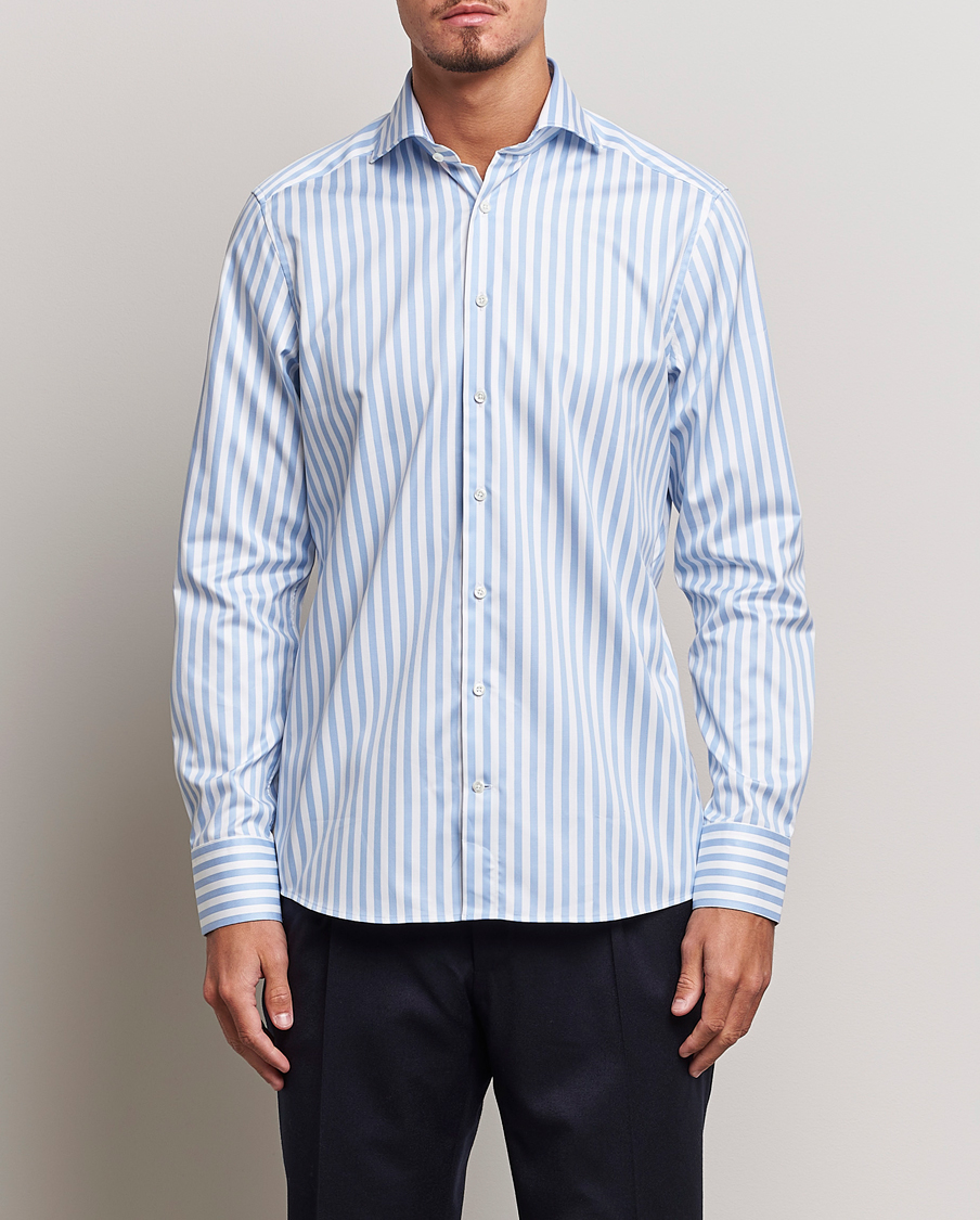 Hombres | Camisas | Stenströms | Slimline Bold Stripe 2-Fold Cut Away Shirt Light Blue