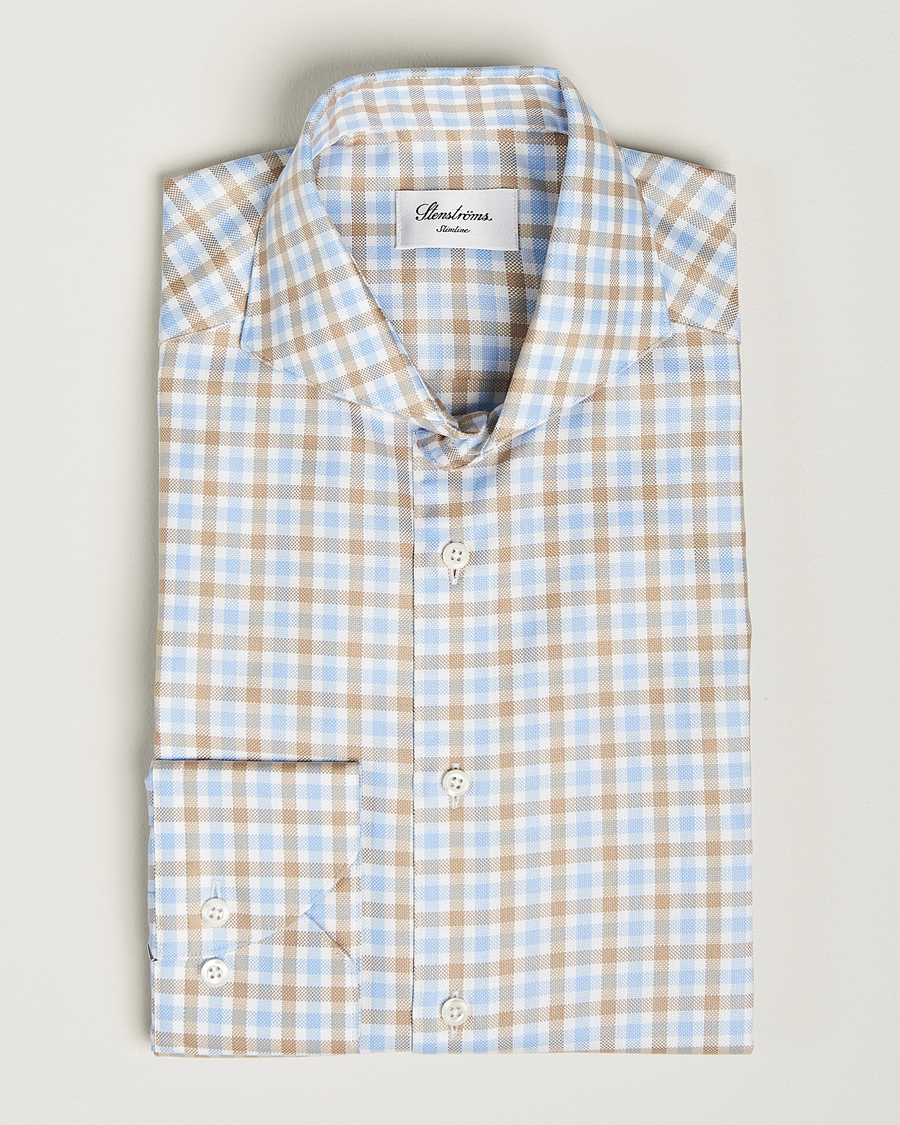 Hombres | Camisas | Stenströms | Slimline Checked Royal Oxford Shirt Beige/Blue
