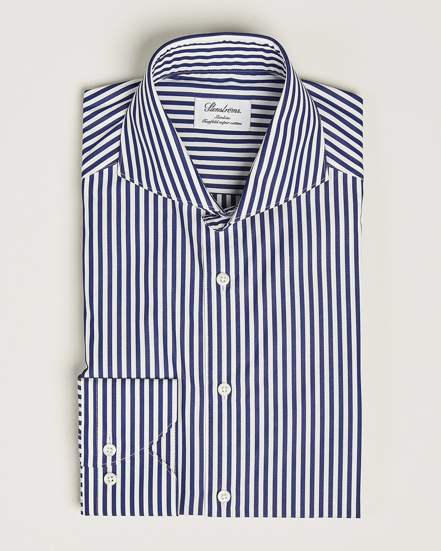 Hombres | Camisas | Stenströms | Slimline Striped Popline Cut Away Shirt Navy