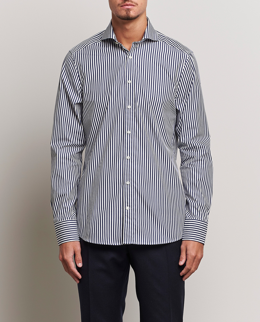 Hombres | Camisas | Stenströms | Slimline Striped Popline Cut Away Shirt Navy