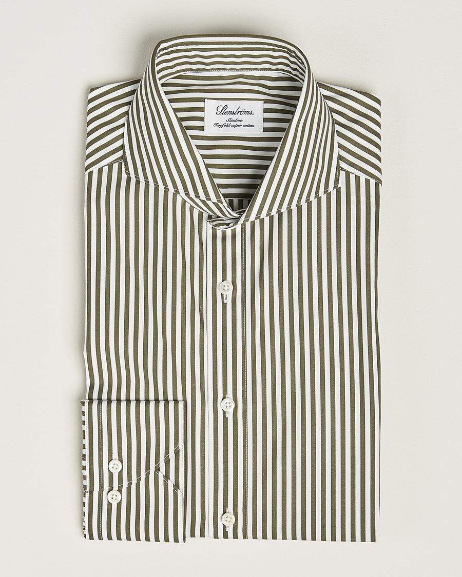 Hombres | Camisas | Stenströms | Slimline Striped Popline Cut Away Shirt Green