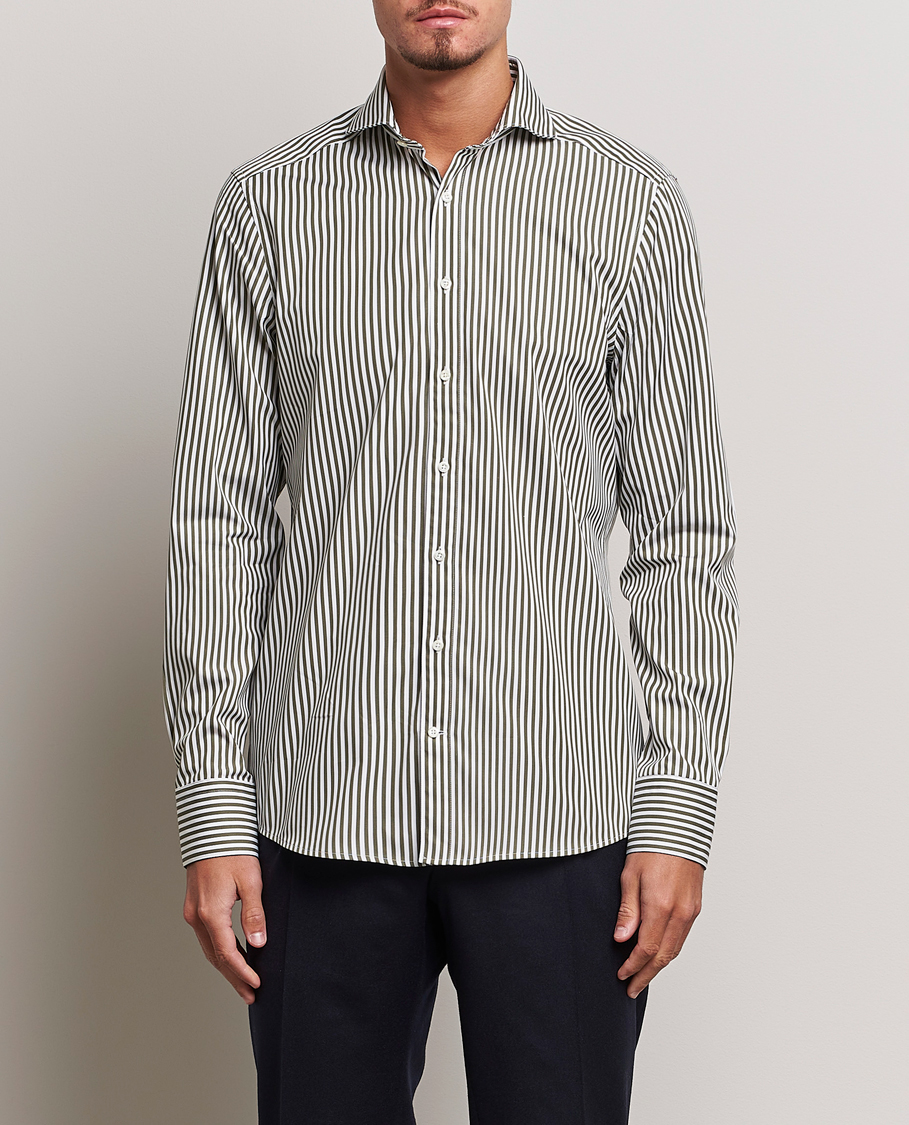 Hombres | Camisas | Stenströms | Slimline Striped Popline Cut Away Shirt Green