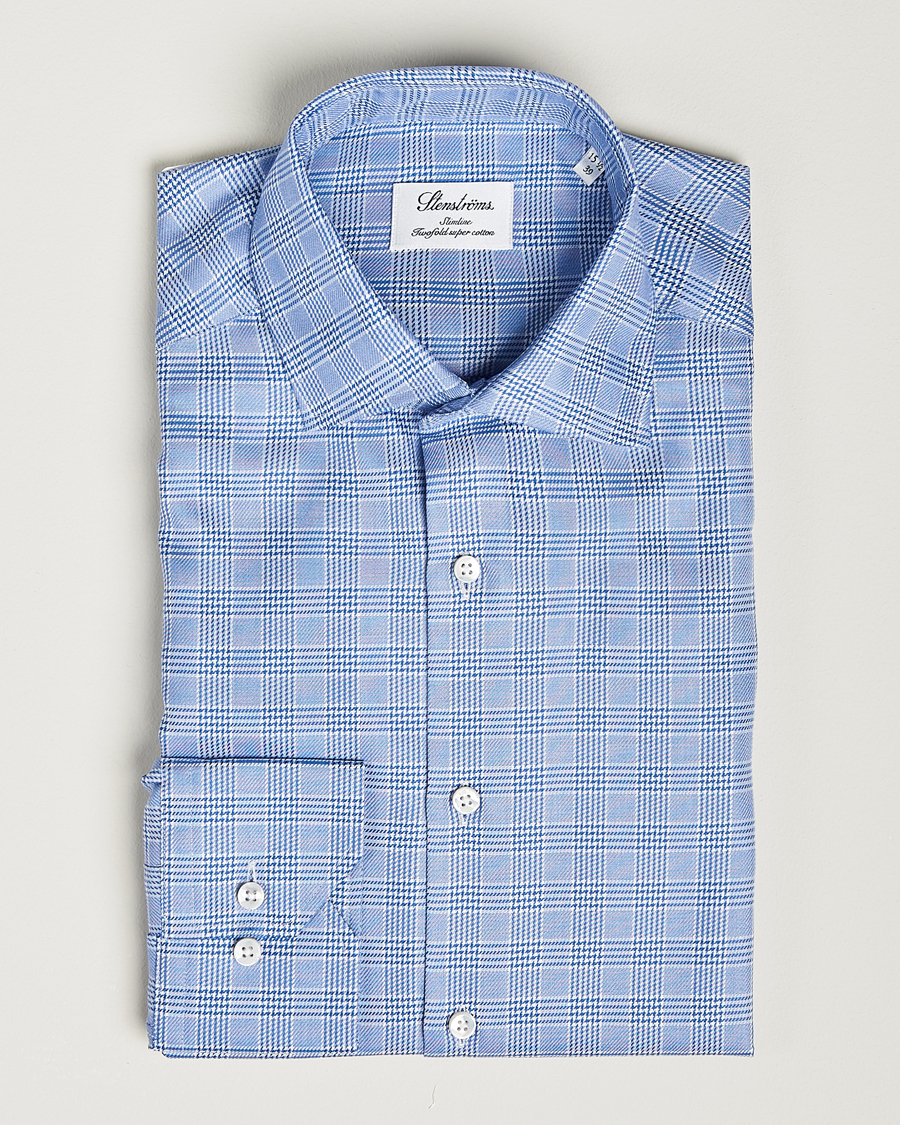 Hombres | Camisas | Stenströms | Slimline Checked Cut Away Shirt Blue