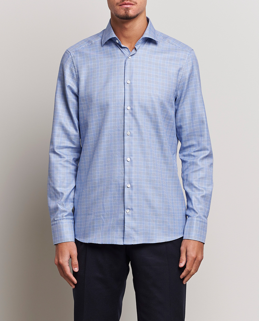 Hombres | Camisas | Stenströms | Slimline Checked Cut Away Shirt Blue