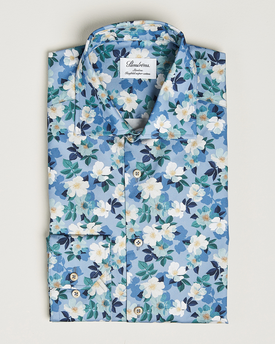 Hombres | Camisas | Stenströms | Slimline Printed Flower Cut Away Shirt Blue