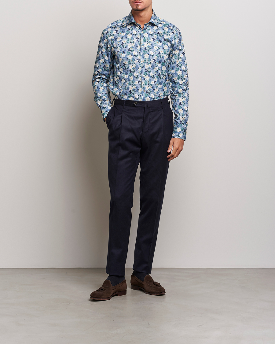 Hombres | Camisas | Stenströms | Slimline Printed Flower Cut Away Shirt Blue