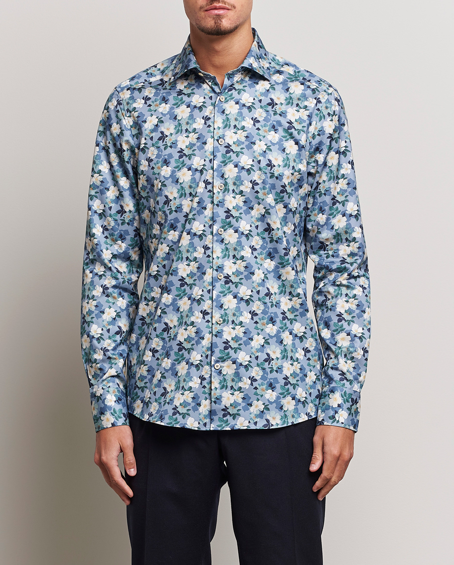 Hombres | Camisas | Stenströms | Slimline Printed Flower Cut Away Shirt Blue