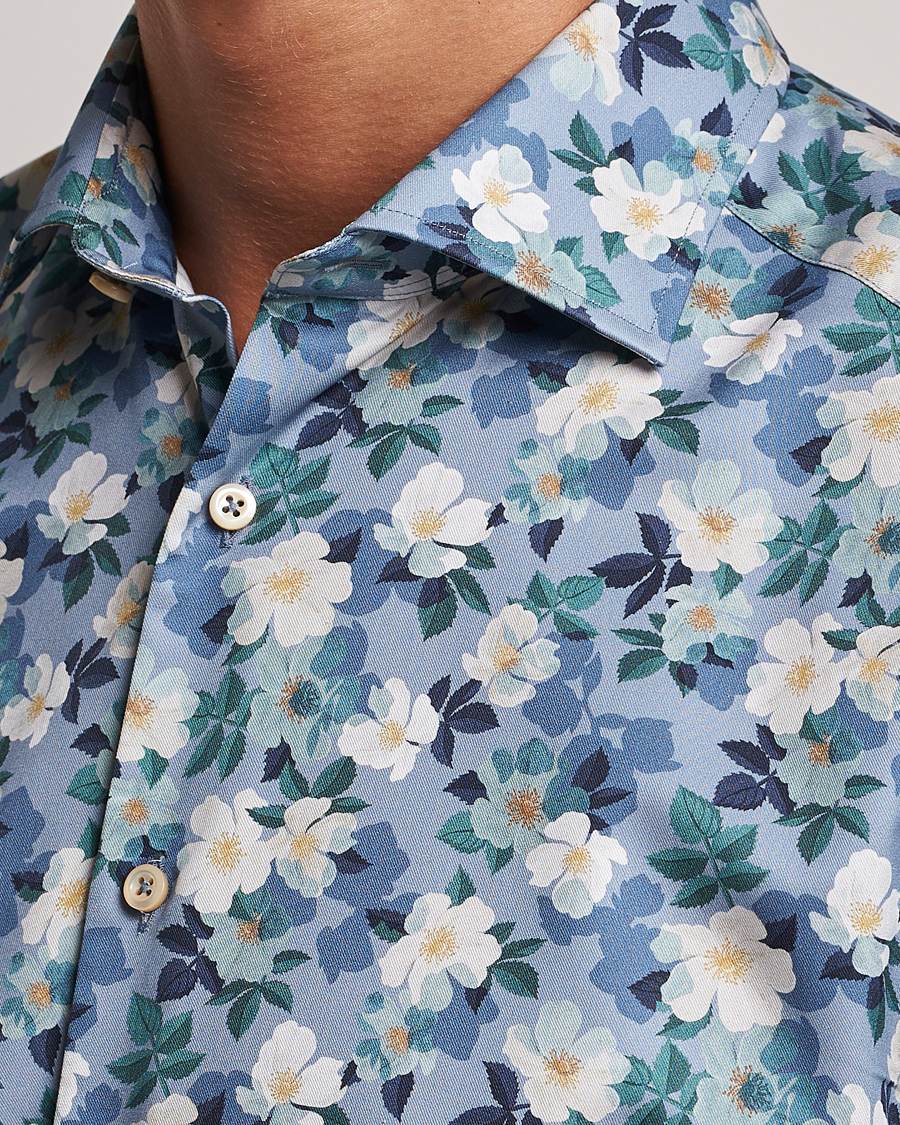 Hombres | Camisas | Stenströms | Slimline Printed Flower Cut Away Shirt Blue