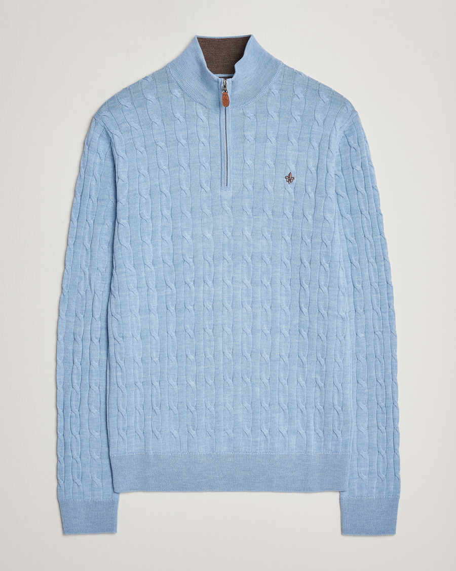 Hombres | Jerséis y prendas de punto | Morris | Merino Cable Half Zip Light Blue
