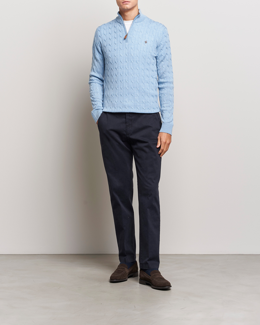 Hombres | Jerséis y prendas de punto | Morris | Merino Cable Half Zip Light Blue