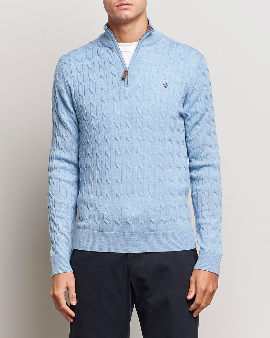 Hombres | Jerséis y prendas de punto | Morris | Merino Cable Half Zip Light Blue