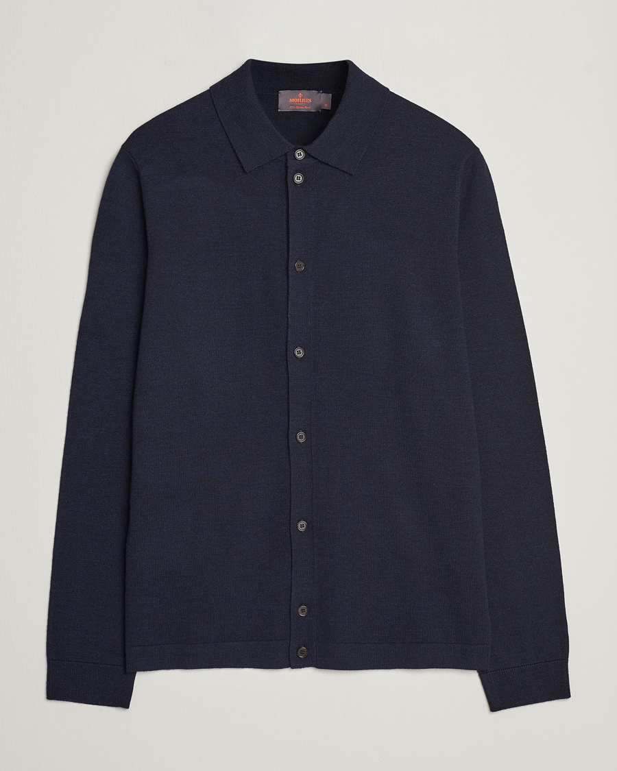 Hombres | Jerséis y prendas de punto | Morris | Merino Knitted Shirt Navy