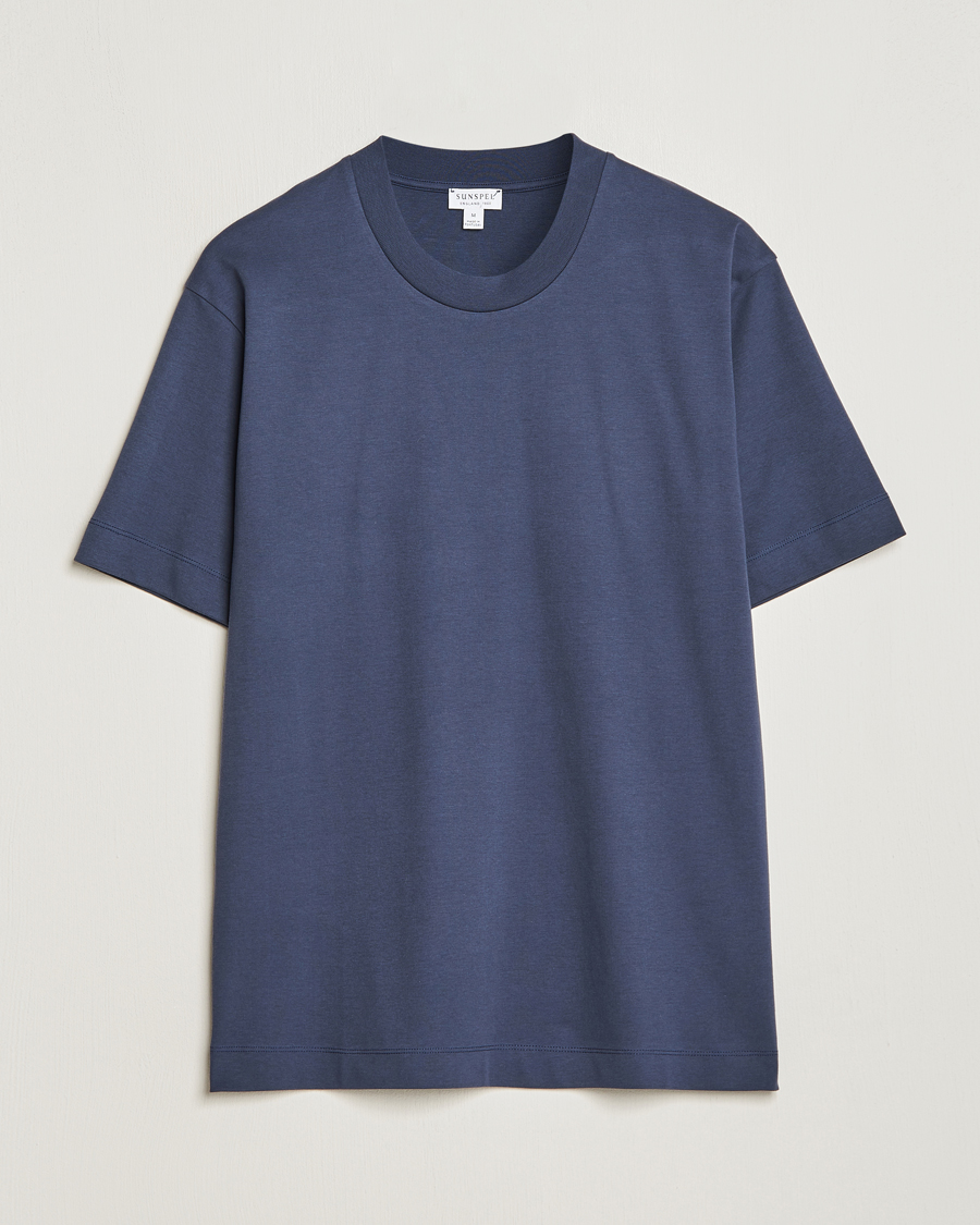 Hombres | Camisetas | Sunspel | Heavyweight Mock Neck T-Shirt Navy