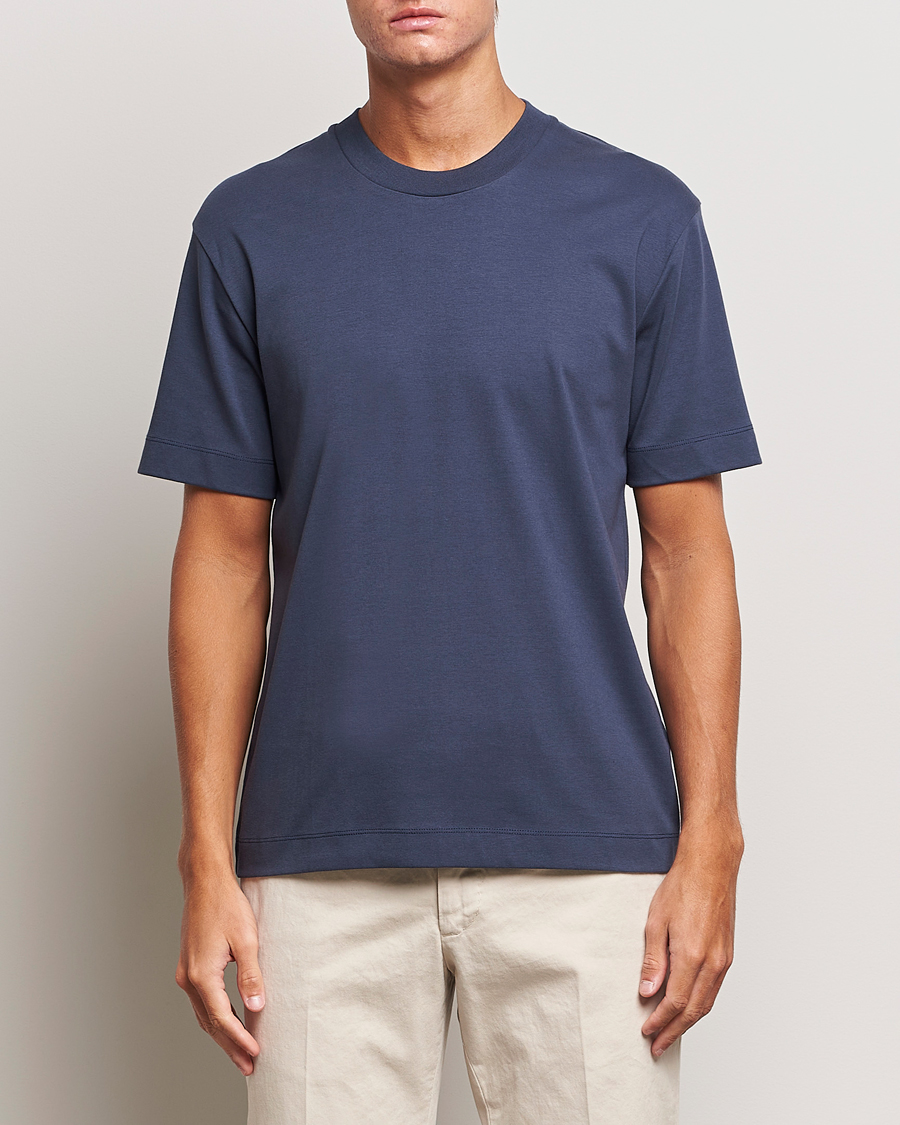 Hombres | Camisetas | Sunspel | Heavyweight Mock Neck T-Shirt Navy