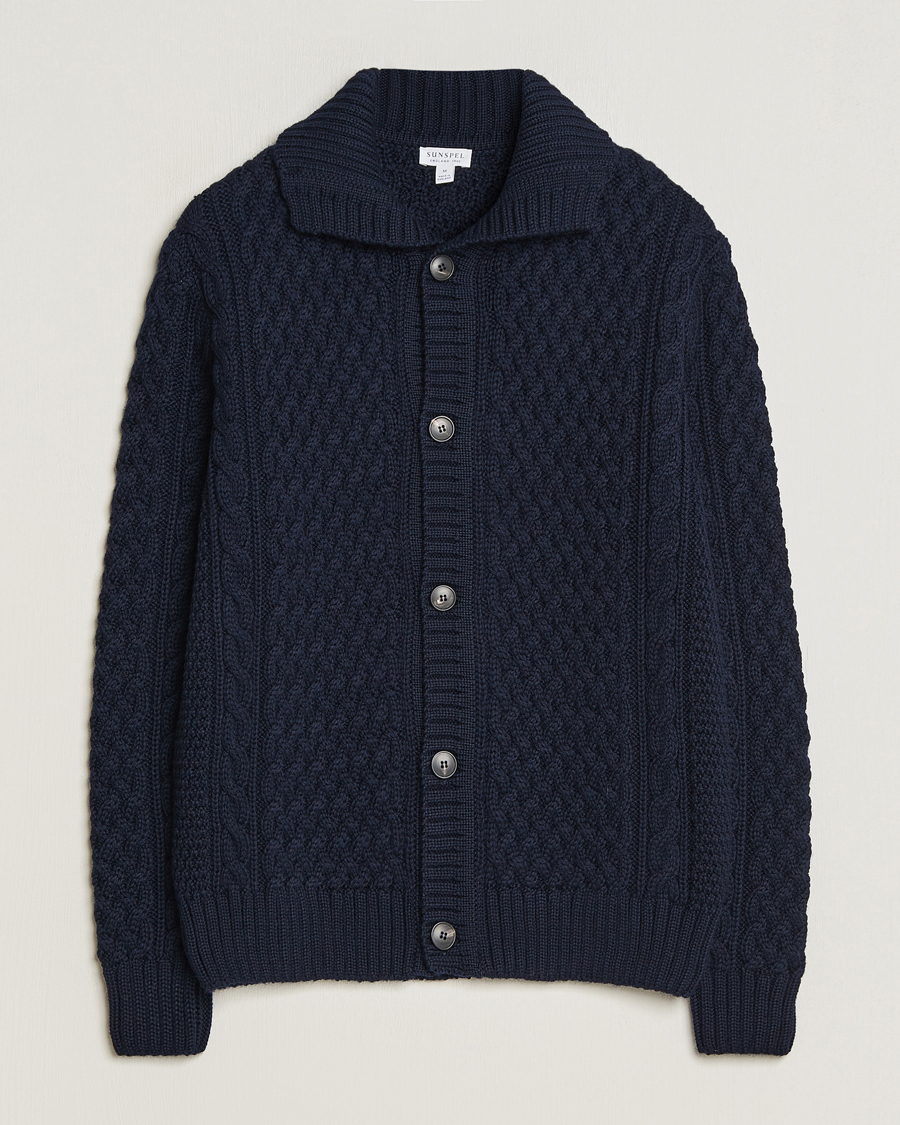 Hombres | Jerséis y prendas de punto | Sunspel | Cable Knit Jacket Navy