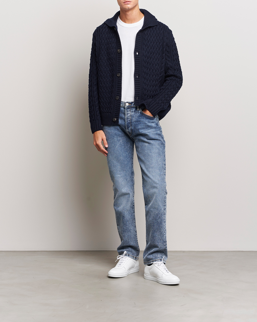 Hombres | Jerséis y prendas de punto | Sunspel | Cable Knit Jacket Navy