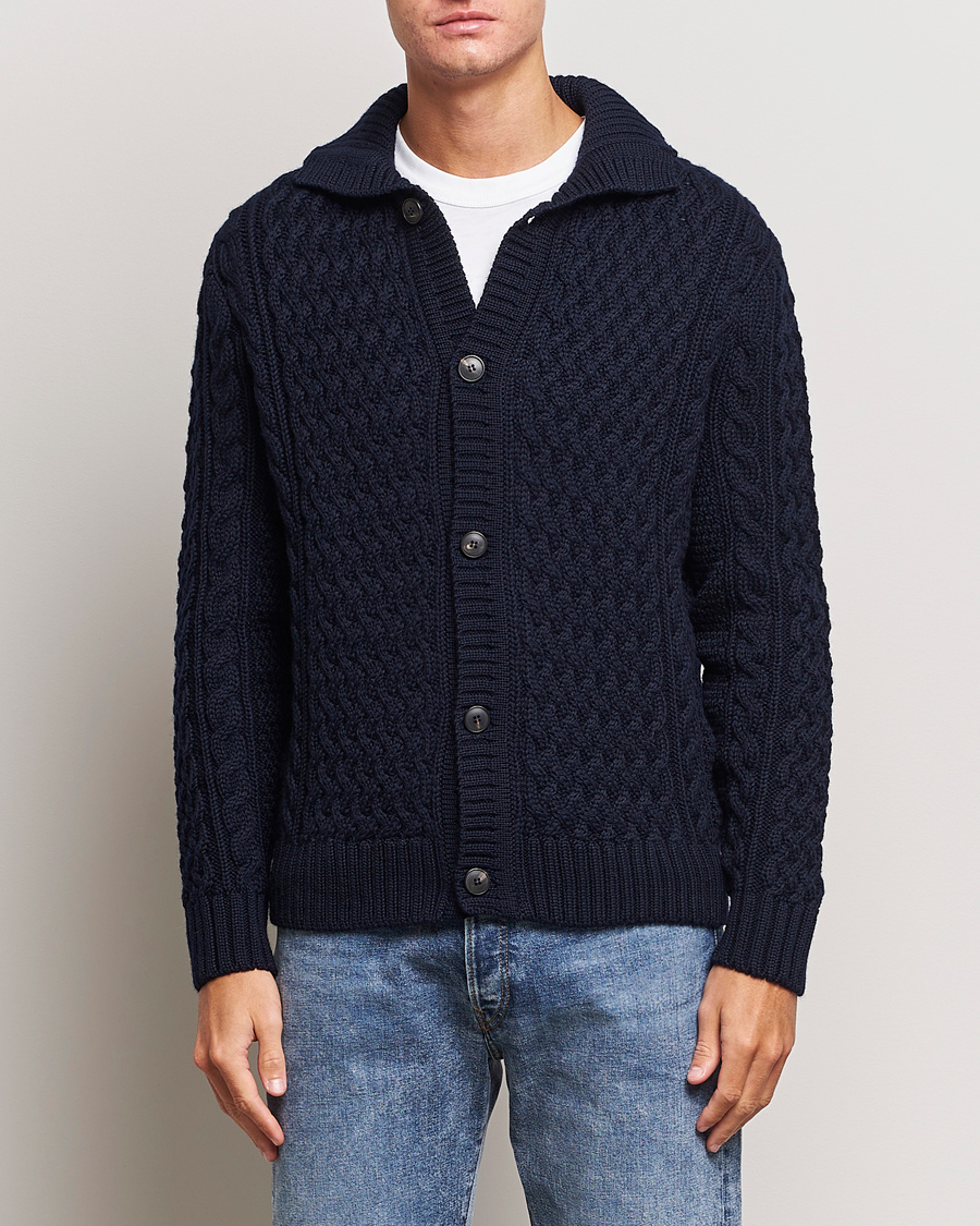 Hombres | Jerséis y prendas de punto | Sunspel | Cable Knit Jacket Navy